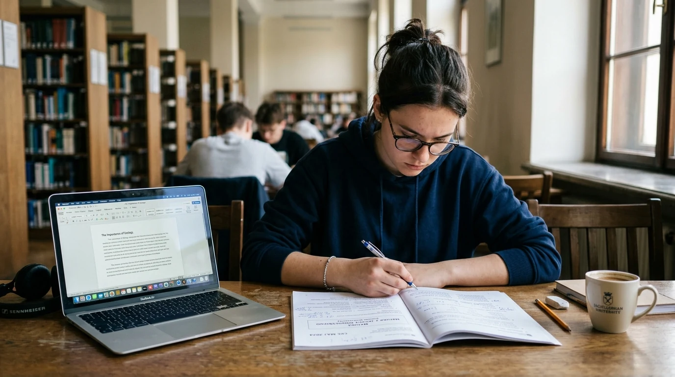 Maturzystka przygotowująca się do egzaminu maturalnego z języka angielskiego w czytelni uniwersyteckiej