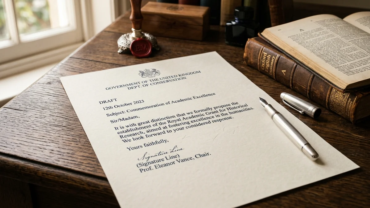 Wzorcowy list formalny na eleganckim papierze z piórem wiecznym i słownikiem na biurku