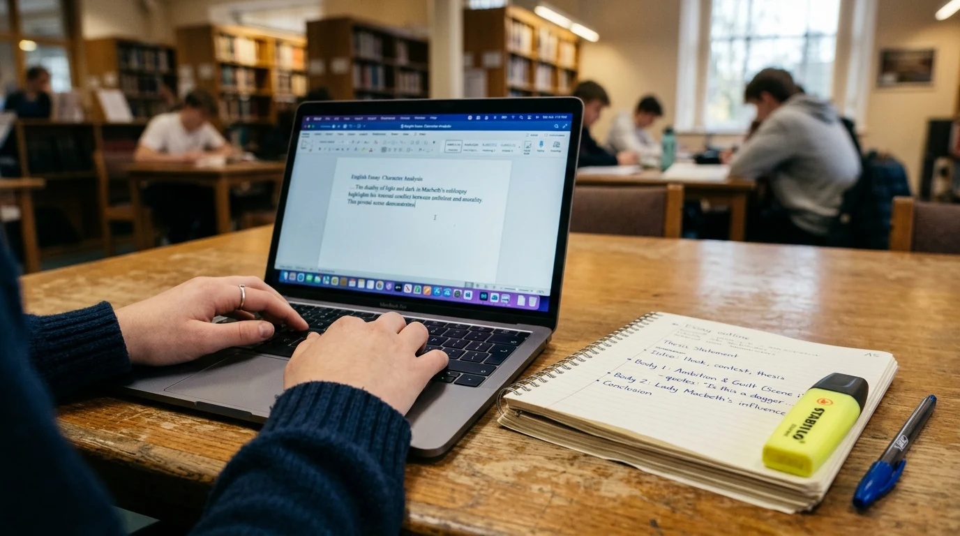 Proces redagowania rozprawki maturalnej z języka angielskiego na laptopie i w notatniku studyjnym